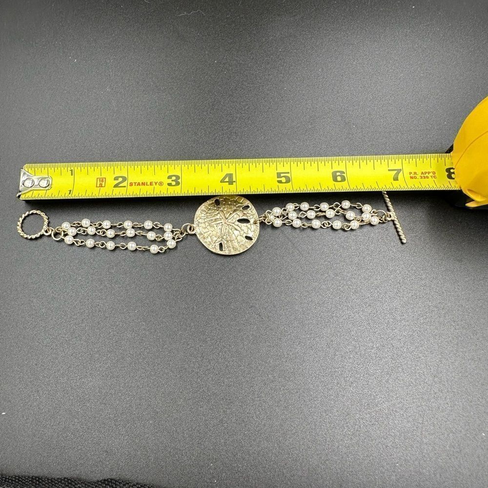 Gold Sand Dollar Bracelet Triple Strand Faux Seed Pearl Toggle Coastal Beach - Picture 6 of 7